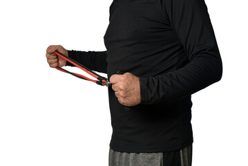 Elastic knee brace for physical training, crossfit, physiotherapy, body health, exercise, pilates, yoga and bodybuilding isolated on white background.