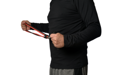 Elastic knee brace for physical training, crossfit, physiotherapy, body health, exercise, pilates, yoga and bodybuilding isolated on white background.