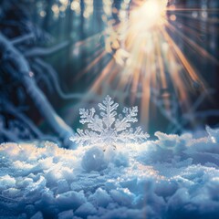 A beautiful snowflake captured in sunlight, glistening atop a fresh snowy surface, creating a mesmerizing play of light and shadow that enhances winter's natural beauty.