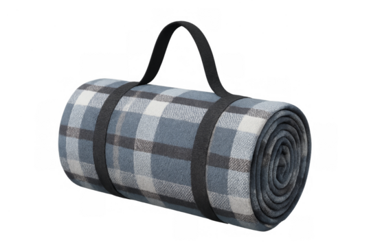Rolled up picnic blanket carrying strap plaid pattern