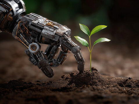 Artificial Intelligence Robot Hand Planting Tree Seedling - Powered by Adobe