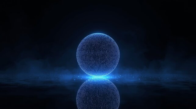 Glowing blue sphere with reflection on dark background creates a futuristic look