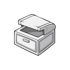 Isometric Grayscale Office Scanner and Document Filing Drawer Hand Drawn Style Vector Illustration