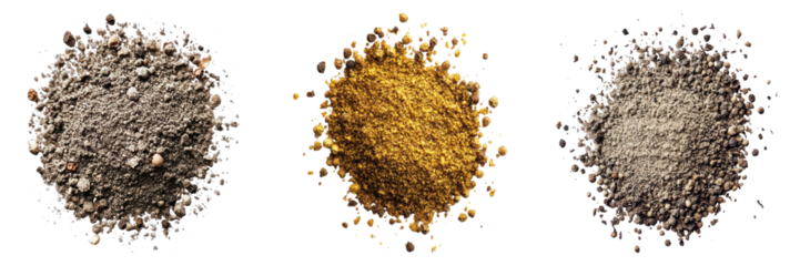 An array of three different piles of spice powders arranged in a row
