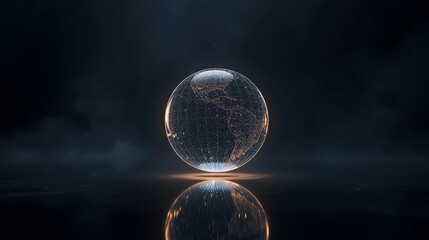 Glowing sphere with reflection on dark background creates a futuristic look