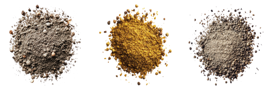 An array of three different piles of spice powders arranged in a row