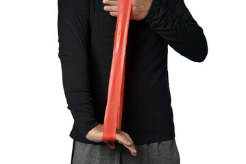 Elastic knee brace for physical training, crossfit, physiotherapy, body health, exercise, pilates, yoga and bodybuilding isolated on white background.