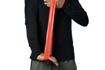 Elastic knee brace for physical training, crossfit, physiotherapy, body health, exercise, pilates, yoga and bodybuilding isolated on white background.