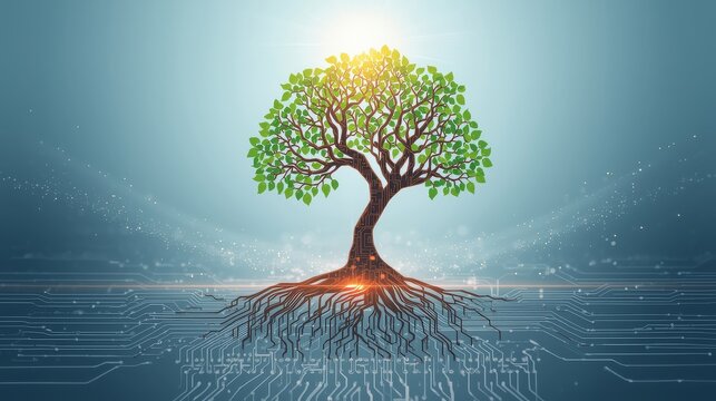 Tree growing from computer circuit board, digital transformation and technology