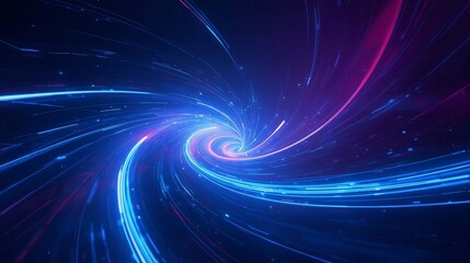 Abstract blue and purple light trails swirling in a vortex, technology concept