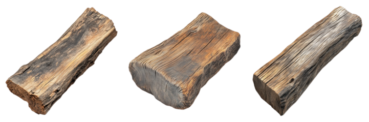 Three pieces of weathered wood logs arranged creatively