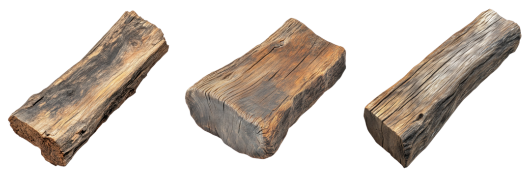 Three pieces of weathered wood logs arranged creatively