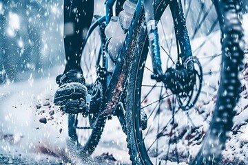 An adventurous cyclist navigating a snowy path, showcasing resilience and determination against a backdrop of falling snowflakes, embodying the spirit of winter challenges.