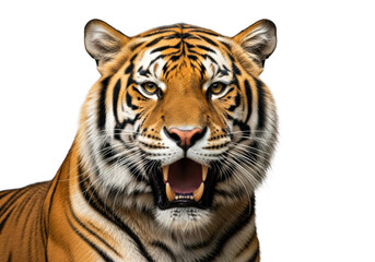 Obraz premium Majestic full-grown Bengal tiger with vivid orange fur, black stripes, open powerful jaw baring fangs, piercing amber eyes, studio shot with transparent background, predatory intensity