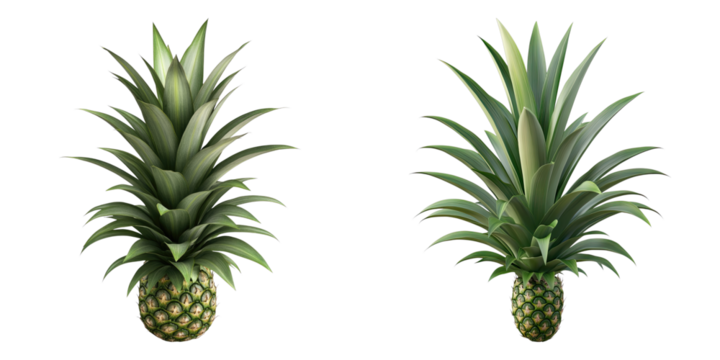Two pineapples with green leafy tops, showcasing their unique textures and vibrant colors. The pineapple represents freshness and the essence of tropical flavors.