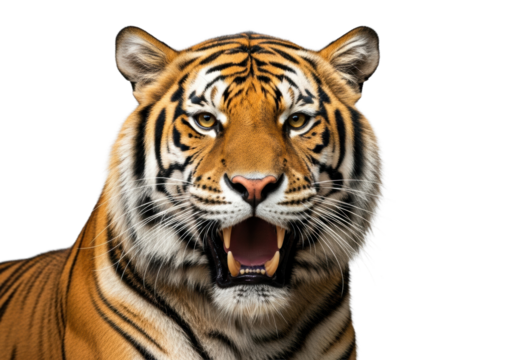 Majestic full-grown Bengal tiger with vivid orange fur, black stripes, open powerful jaw baring fangs, piercing amber eyes, studio shot with transparent background, predatory intensity