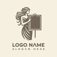 Elegant woman holding a blank signboard, classic style female figure logo vector design. Perfect for branding and customizable templates