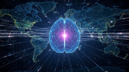 Artificial intelligence concept with brain and world map on dark background