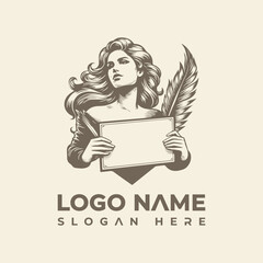 Vintage Woman Holding Blank Sign with Feather Pen Logo Vector