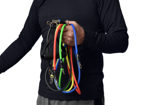 Elastic knee brace for physical training, crossfit, physiotherapy, body health, exercise, pilates, yoga and bodybuilding isolated on white background.