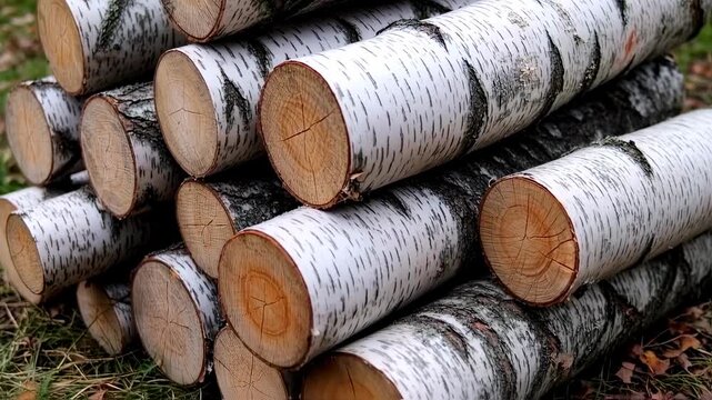 Close-up view of stacked birch logs with white and dark bark, showing circular end details