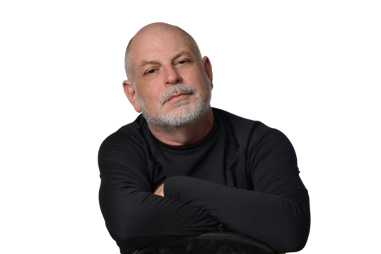portrait adult man bald white beard face expression happy thoughtful male model gentleman in black clothes image.