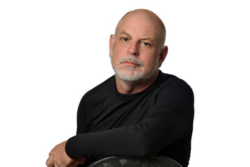 portrait adult man bald white beard face expression happy thoughtful male model gentleman in black clothes image.