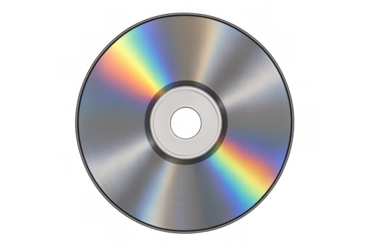 Compact disc with rainbow reflection on transparent background