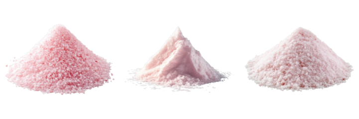 Three piles of pink powder arranged in a row, each exhibiting unique textures and hues