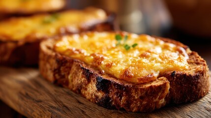Delicious Welsh Rarebit: Cheesy Grilled Cheese Sandwich with Rich Cheddar on Brown Bread, Closeup against a Dark Background
