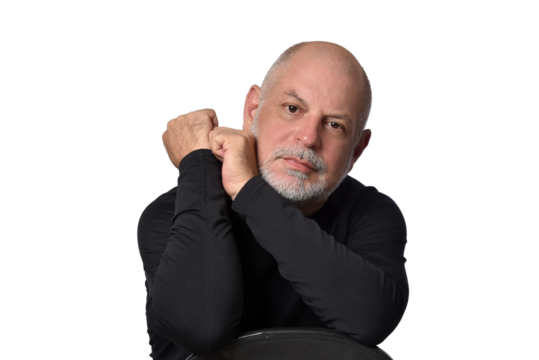portrait adult man bald white beard face expression happy thoughtful male model gentleman in black clothes image.