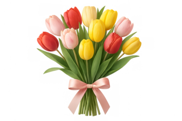 Colorful tulip bouquet with pink ribbon transparent background