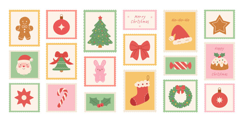 Vintage Christmas postage stamp set with festive postmarks and hand-drawn holiday elements—Xmas tree, ribbons, bows, gingerbread, toys, Santa, hat, pudding, wreath, holly,candies. Vector illustration.