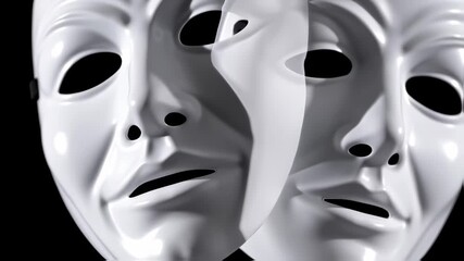 Two white masks, partially overlapping against black, with eye and nose holes and dark shadows - Powered by Adobe