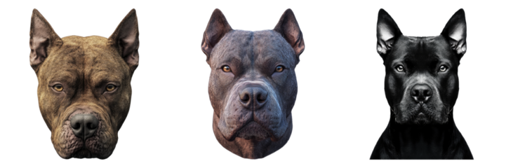 Three strong dog faces, each with a unique coat color, showcasing their individual expressions