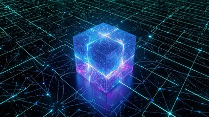 Abstract glowing cube with digital circuit board pattern in blue and purple