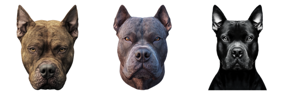 Three strong dog faces, each with a unique coat color, showcasing their individual expressions