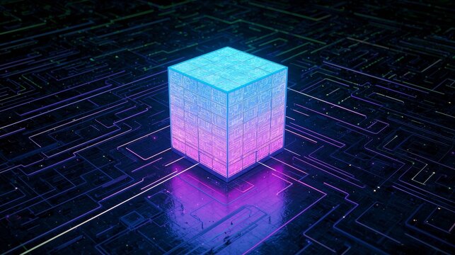 Abstract glowing cube with digital circuit board pattern in blue and purple