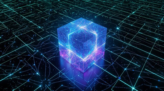 Abstract glowing cube with digital circuit board pattern in blue and purple