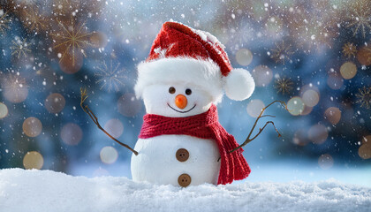 christmas santa claus snowman with red hat in snow