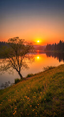 Obraz premium Vibrant sunrise reflected on calm lake water, surrounded by lush green meadow and forest, symbolizing tranquility, natural beauty, and peaceful morning
