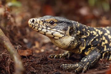 Naklejka premium Golden Tegu Reptile Resting on Rich Brown Forest Floor Surrounded by Tropical Greenery