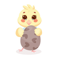 Easter duckling holding pastel egg decorated with heart-shaped patterns, isolated on white, festive and cheerful seasonal design.