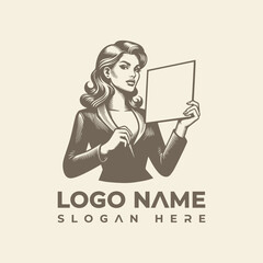 Elegant Woman Holding a Blank Sign Logo Vector for Business Branding