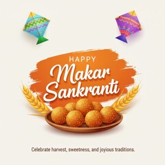 Happy Makar Sankranti festival greeting with kites and sweets image
