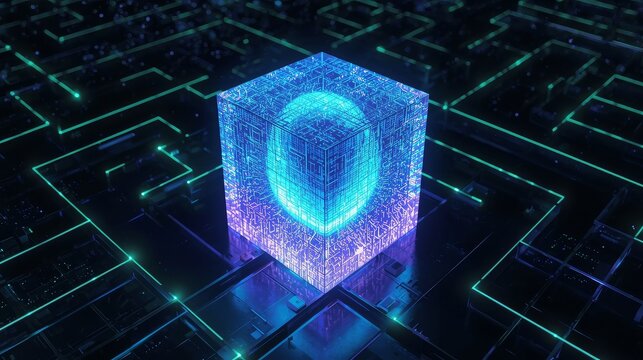 Abstract glowing cube with circuit board pattern on dark reflective surface