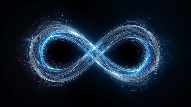 Illuminated infinity symbol with glowing particles on a dark background