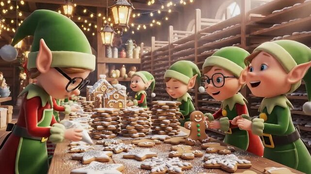 Joyful elves create magical gingerbread houses in a festive workshop during the holiday season