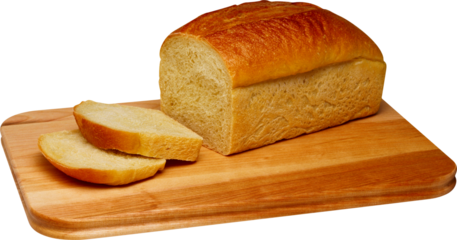 Freshly baked loaf of bread with slices on a cutting board isolated on transparent background