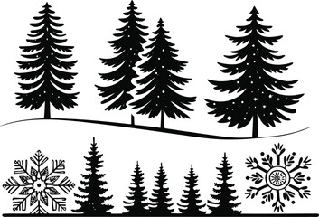 Fototapeta premium Collection of black silhouette evergreen trees and snowflakes isolated on transparent background